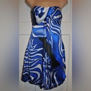 CACHE Blue Satin 100% Silk Strapless Bubble Dress size 4 Y2K Excellent NWT $158